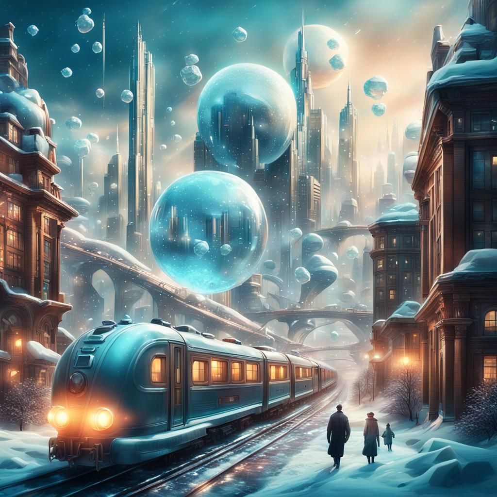 Retrofuturistic Cityscape with Flying Train