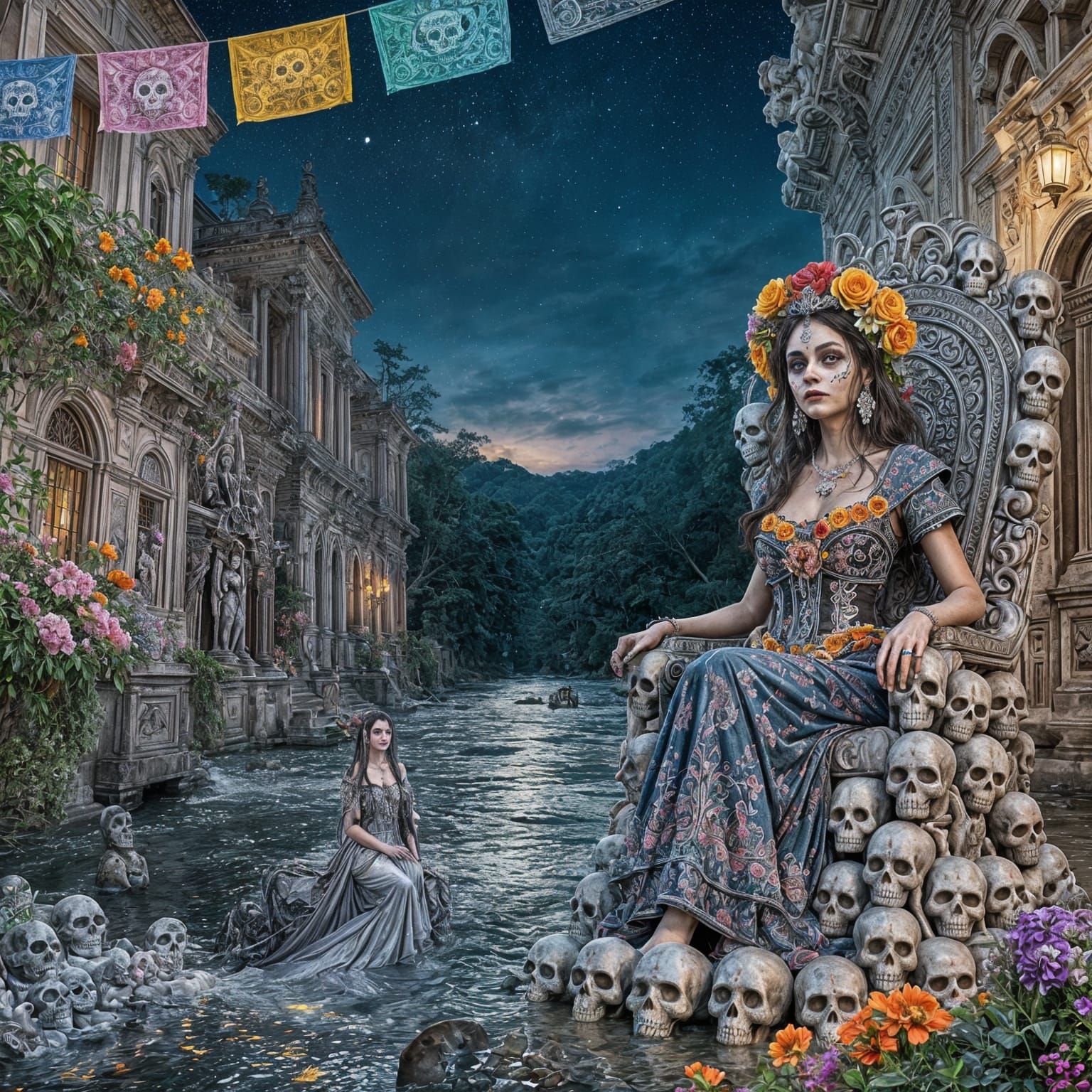 Day of the Dead Goddess on Skull Throne with Ethereal Ghosts