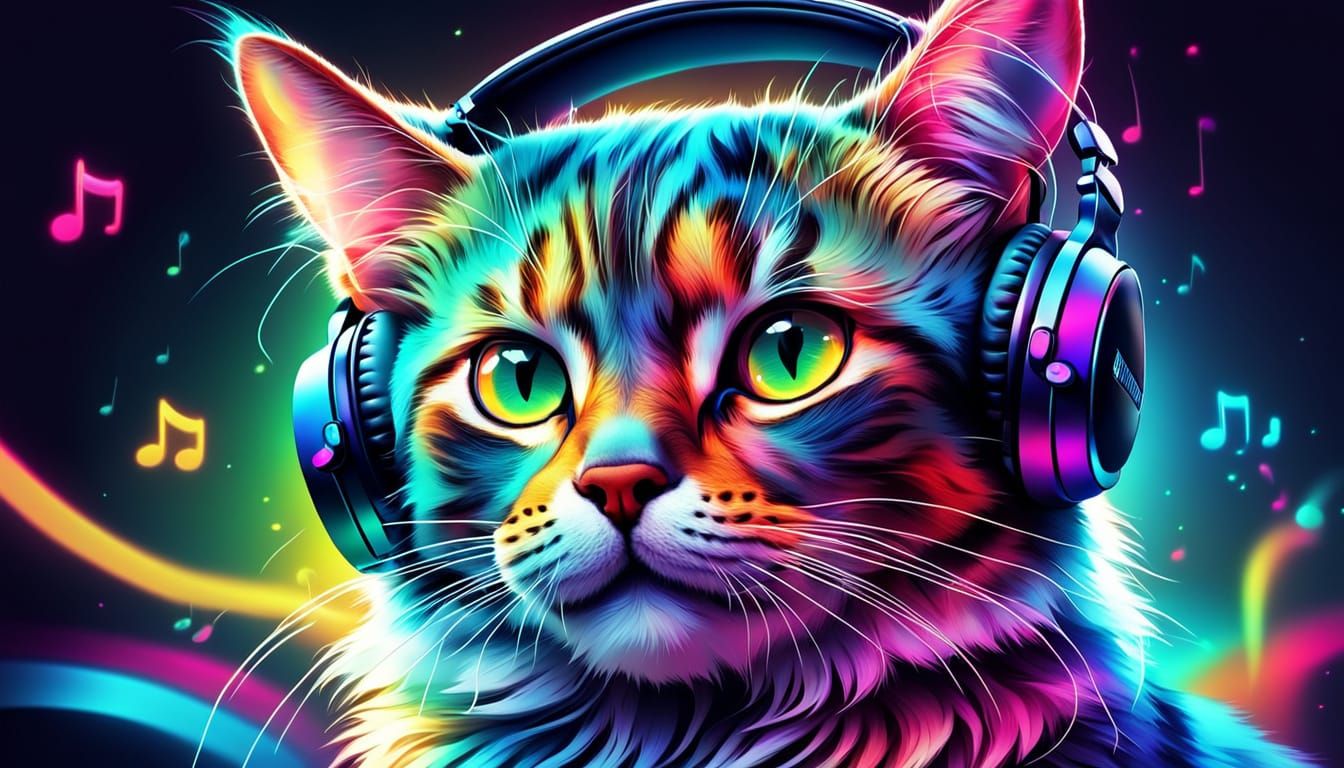 Cat Listening to Music in Vibrant Digital Art
