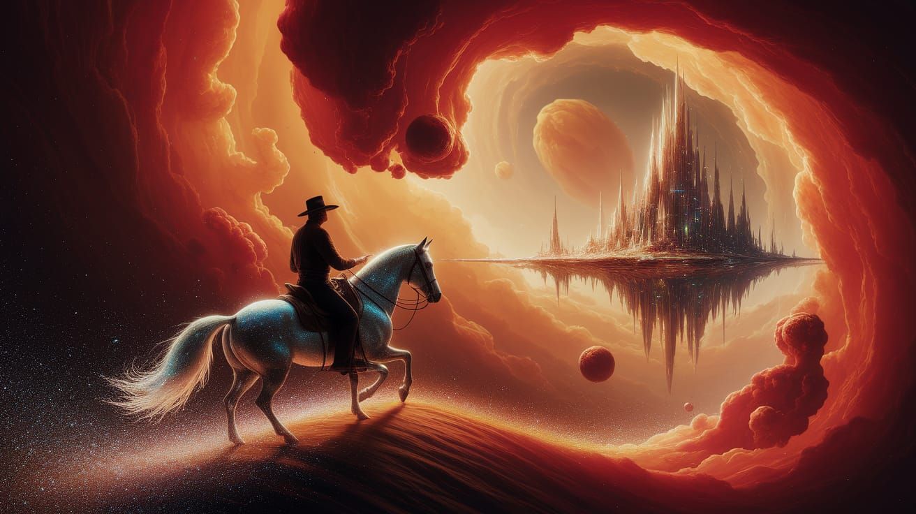 Lone Cowboy Rides Celestial Steed Through Nebula