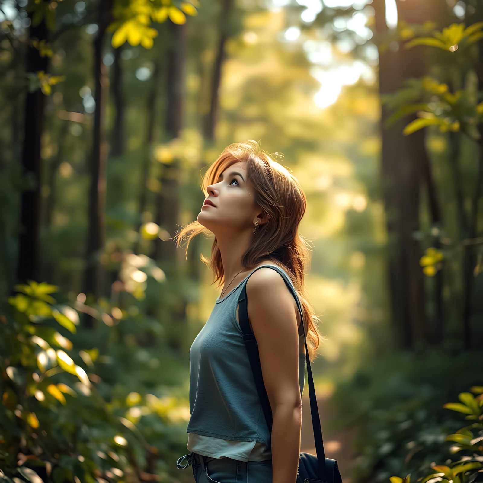 Elegant Woman Strolls Through Forest in Serene Landscape Pho...