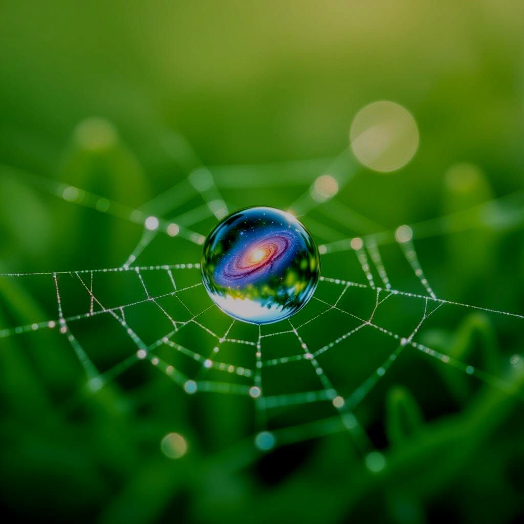 Dewdrop Galaxy Reflection on Spiderweb in Forest Green