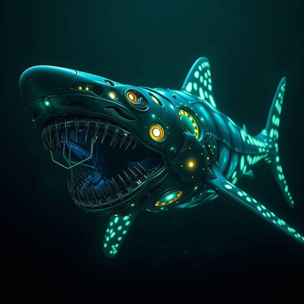 Biomechanical Bone Shark in Bioluminescent Armor