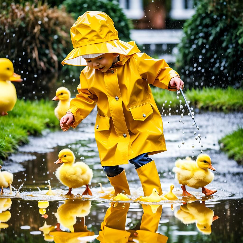 Toddler Splashing in Puddle with Ducklings