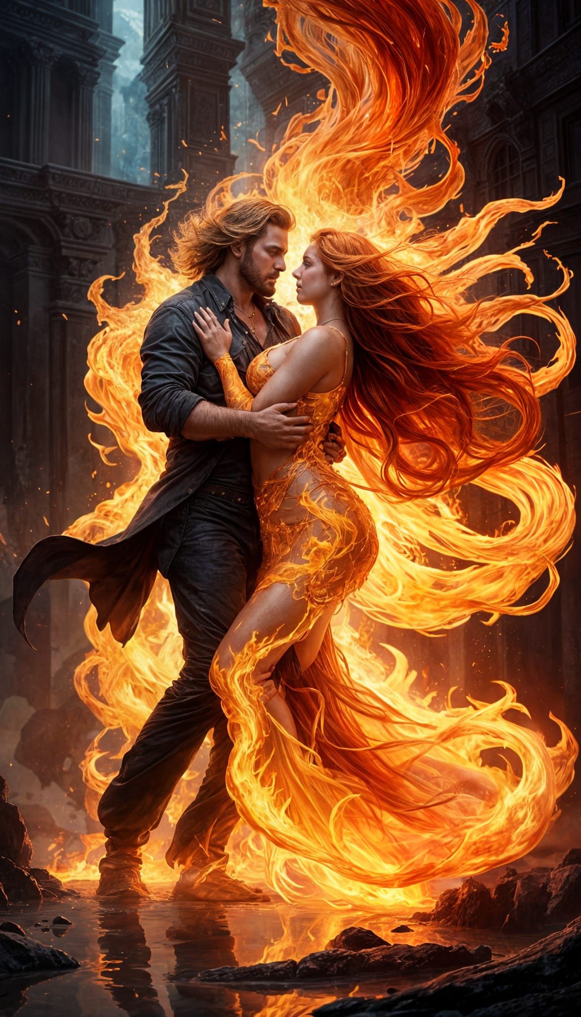 Flaming Figures Embrace in Desert Dance