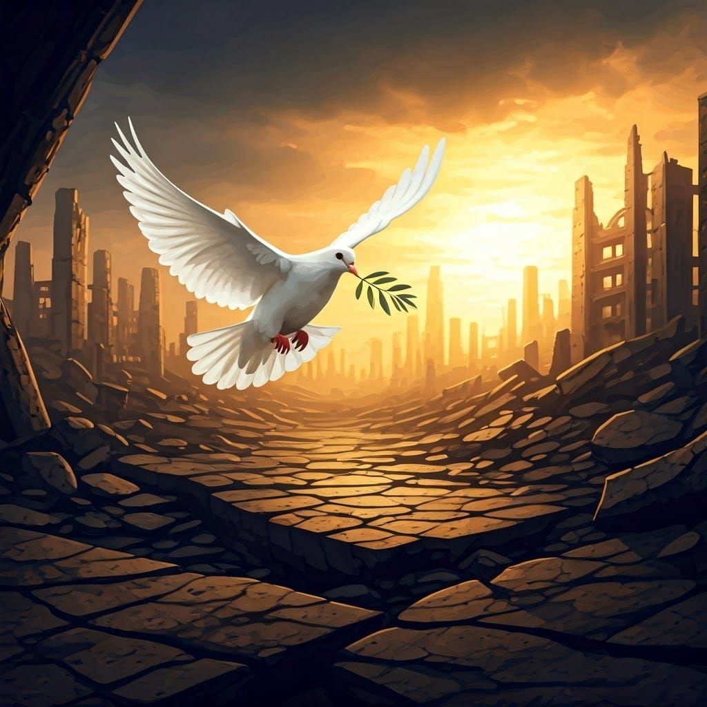 Hopeful Dove Soars Over Ruined City in Post-Apocalyptic Sunr...
