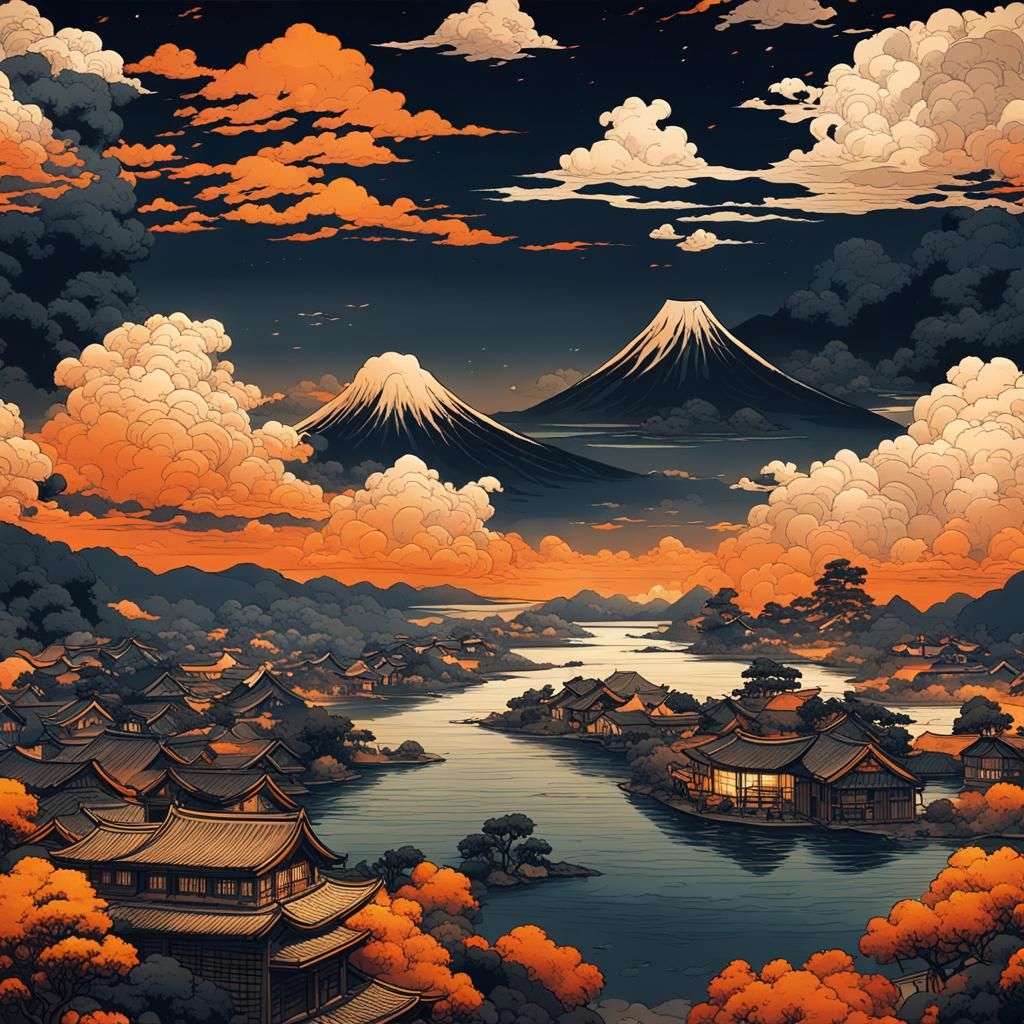 Illuminated Village at Night in Hokusai Style