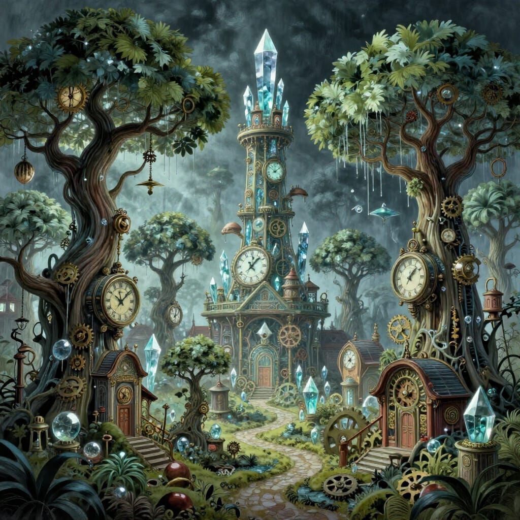 Clockpunk Bonsai Village in Crystal and Glass