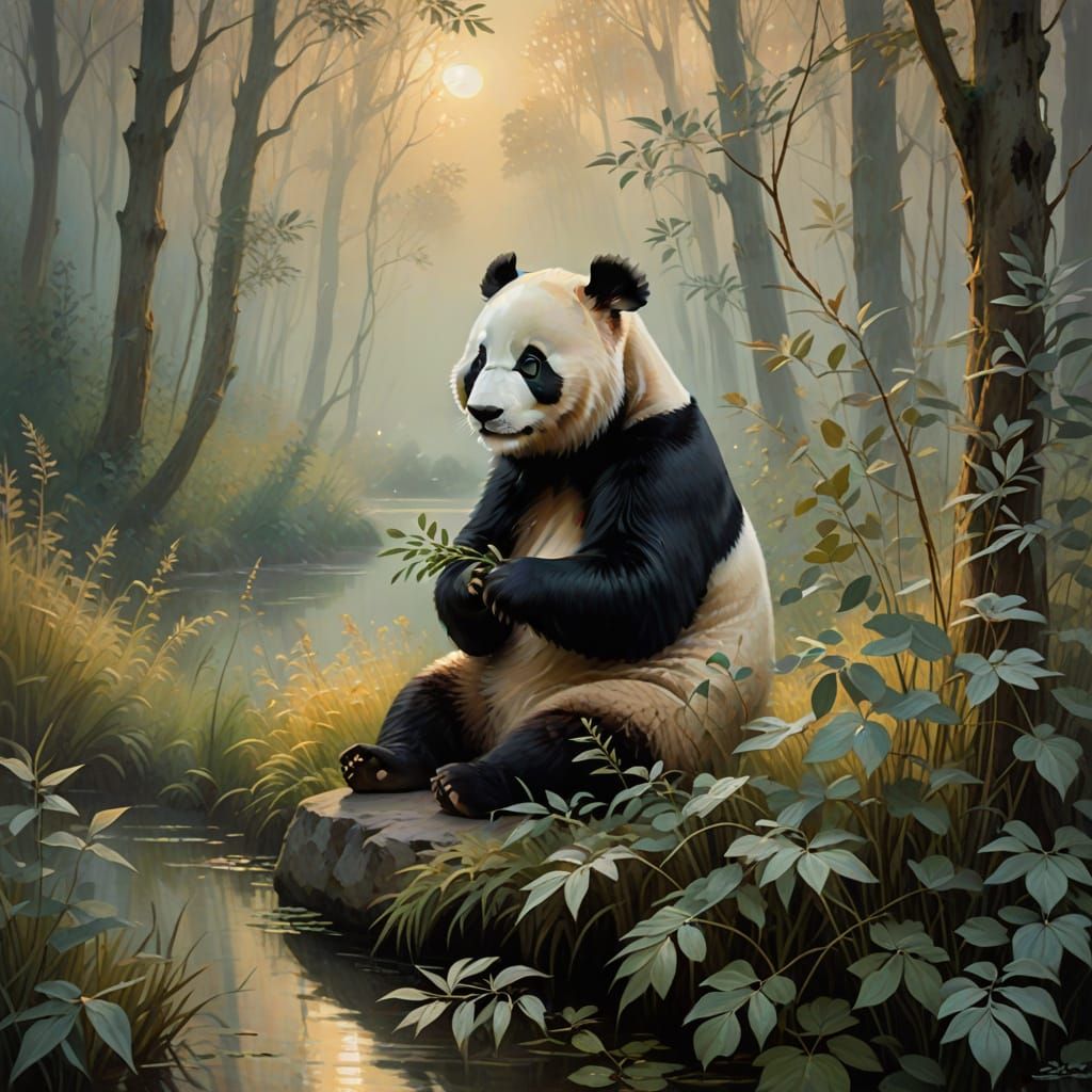Surreal Panda in Soft Focus, Misty Forest