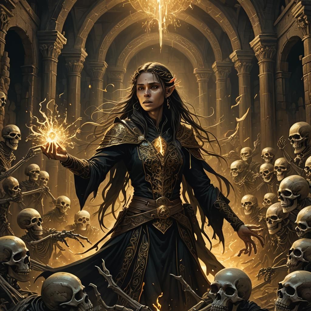 Half-Elf Warlock Casts Eldritch Blast in Crypt