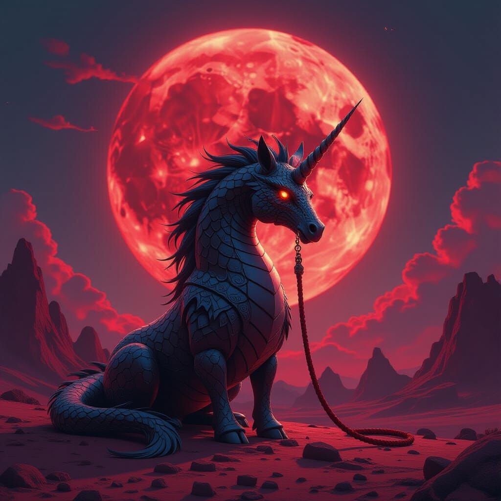 Fearsome Dragon-Unicorn-Phoenix Hybrid Under Blood Moon