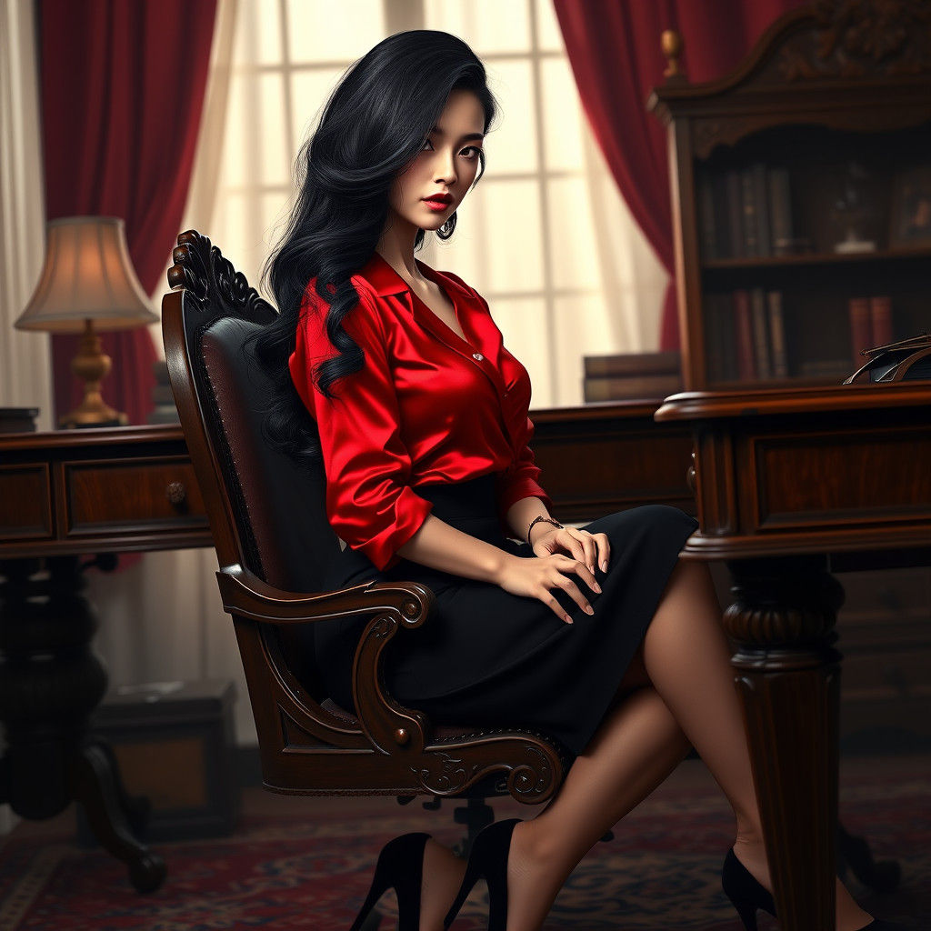 Raven-Haired Beauty at Mahogany Desk in Matte Painting Style