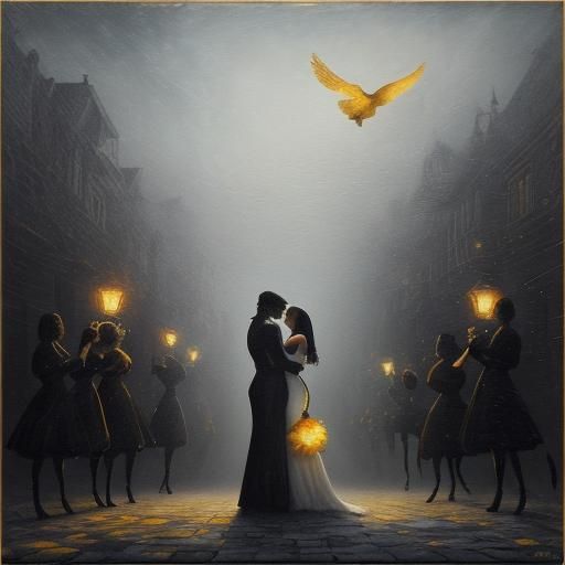 In a chiaroscuro night, where shadows kiss the cobbled street,
A lone figure, silhouetted, with a brush poised, light an...