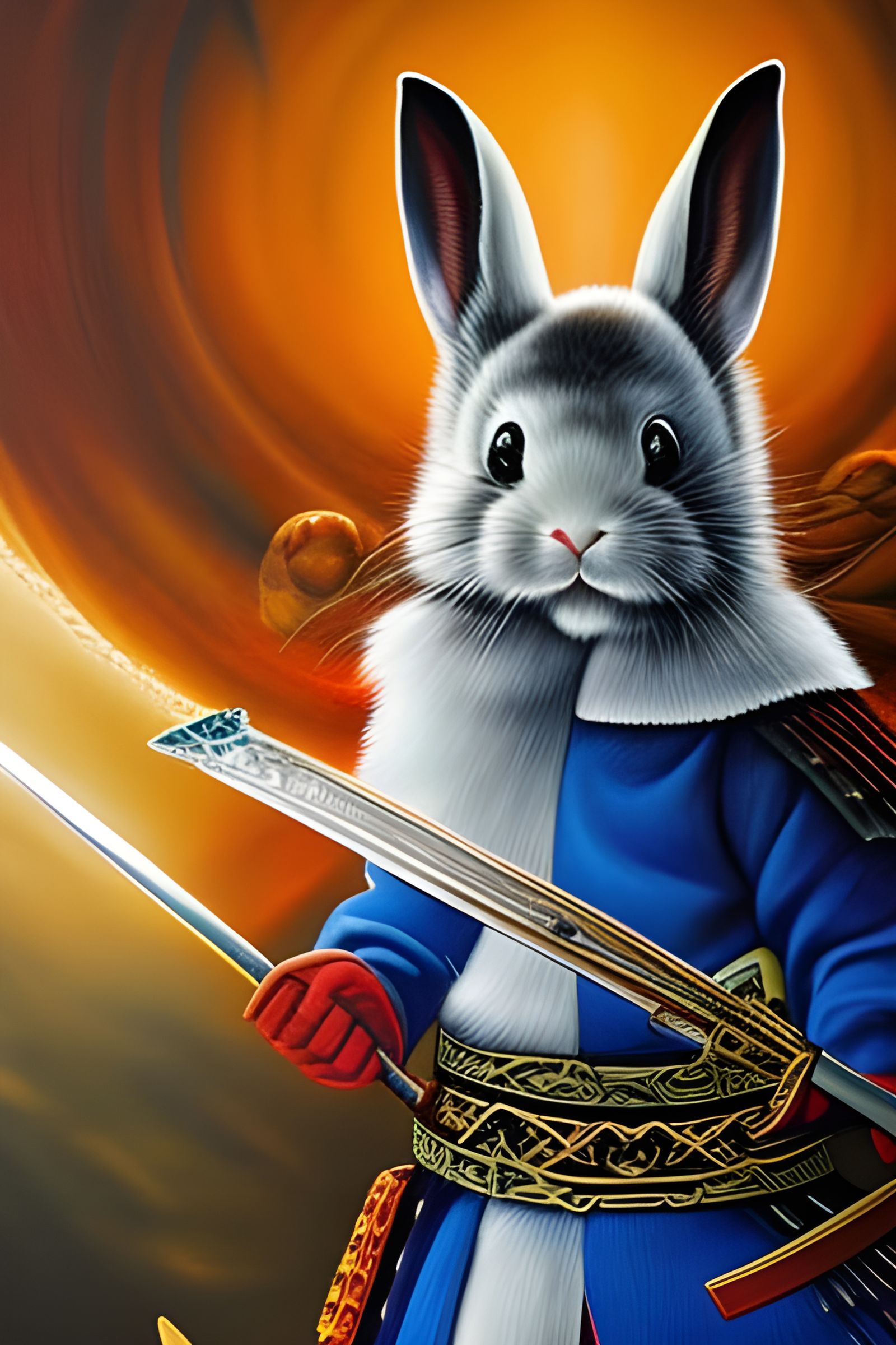 Samurai Bunny with Swords: Detailed Oil Painting