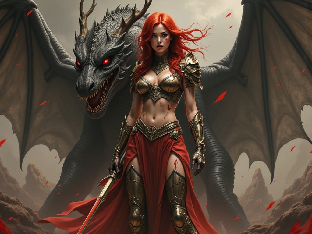 Victorious Warrior in Ashen Skies, Blood-Soaked Armor and Dr...