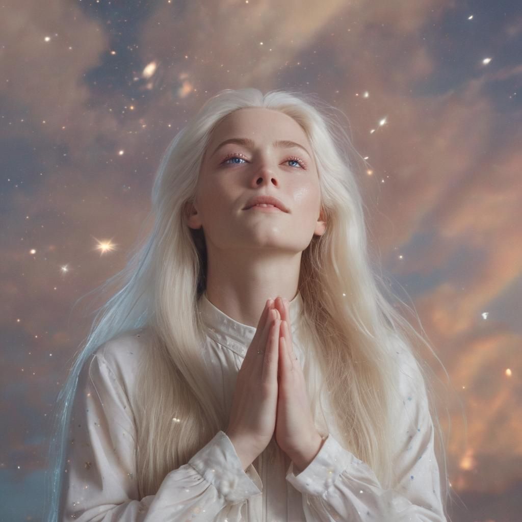 Heavenly Woman Praying in Dreamy Surreal Scene