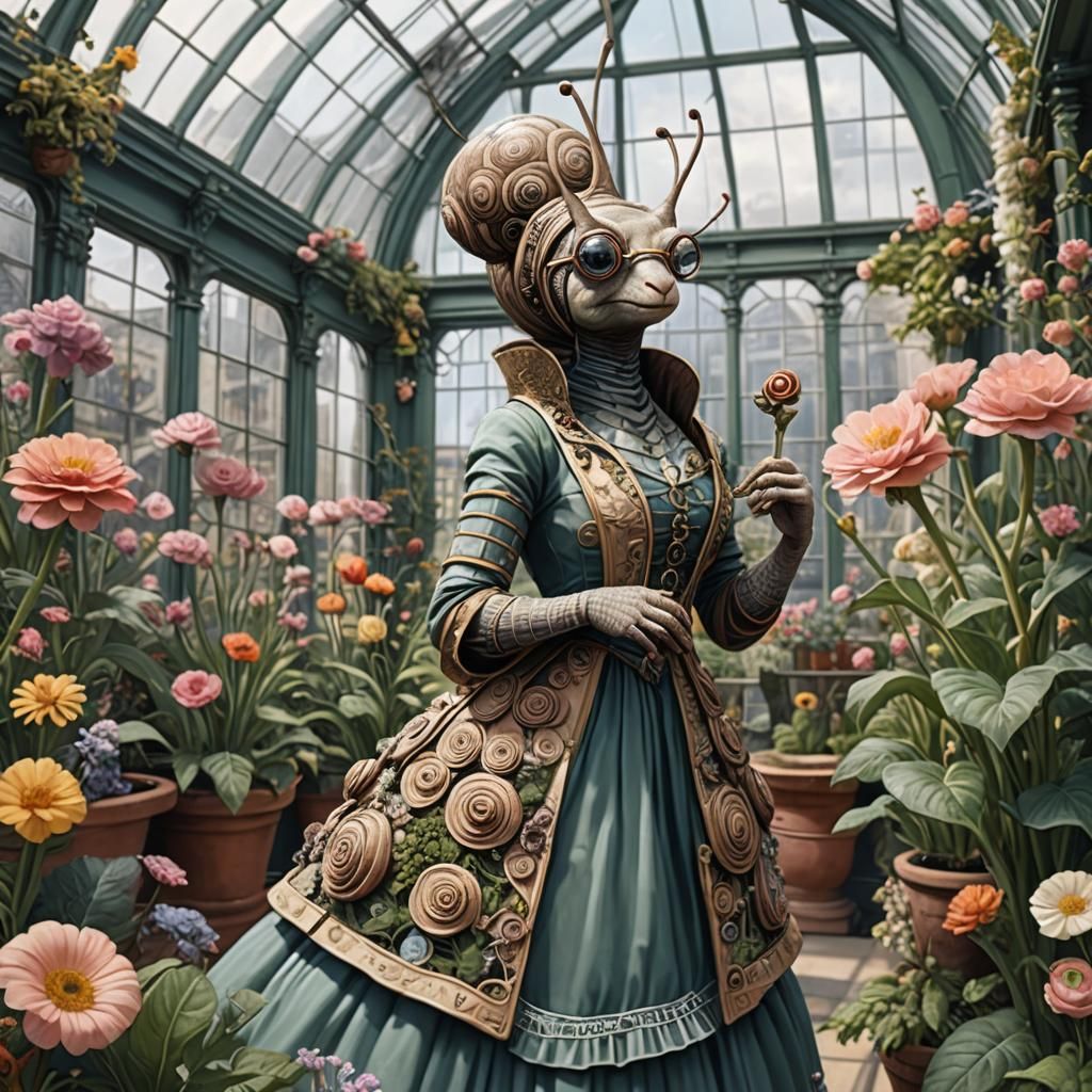 An anthro snail with glasses wearing a dress made from snailskin standing in an Edwardian conservatory with lots of flow...