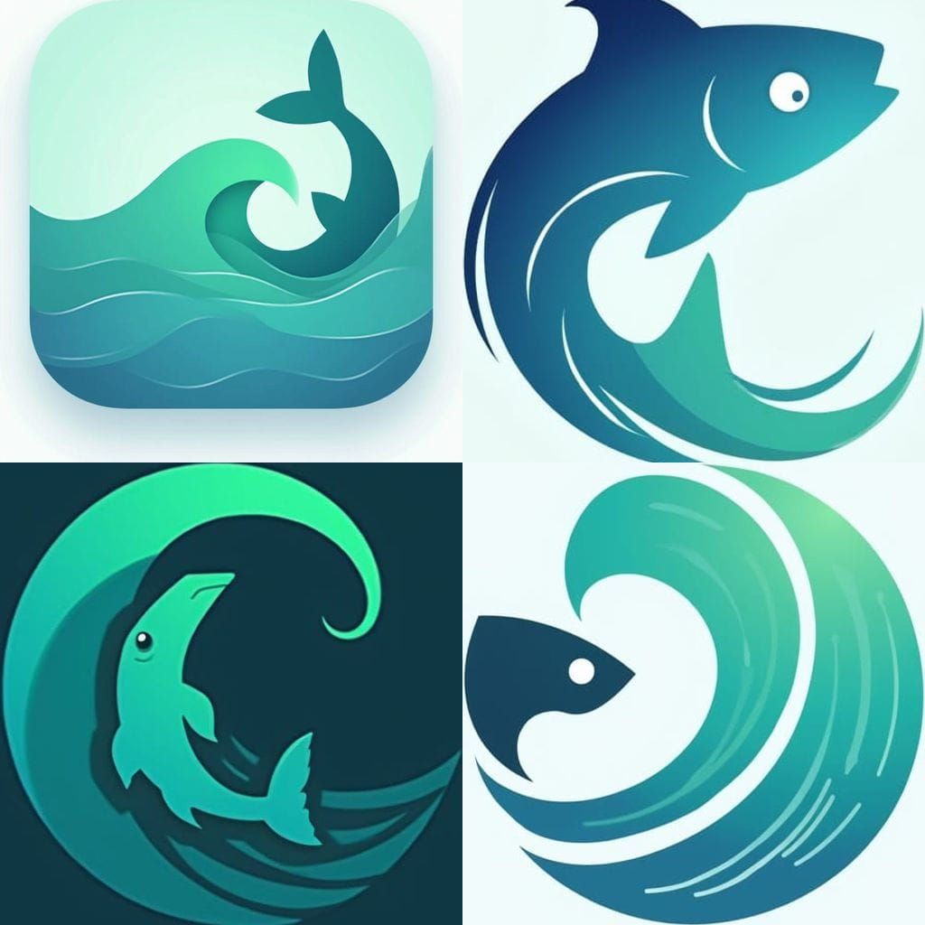 Minimalist Fishing App Logo with Wave and Fish