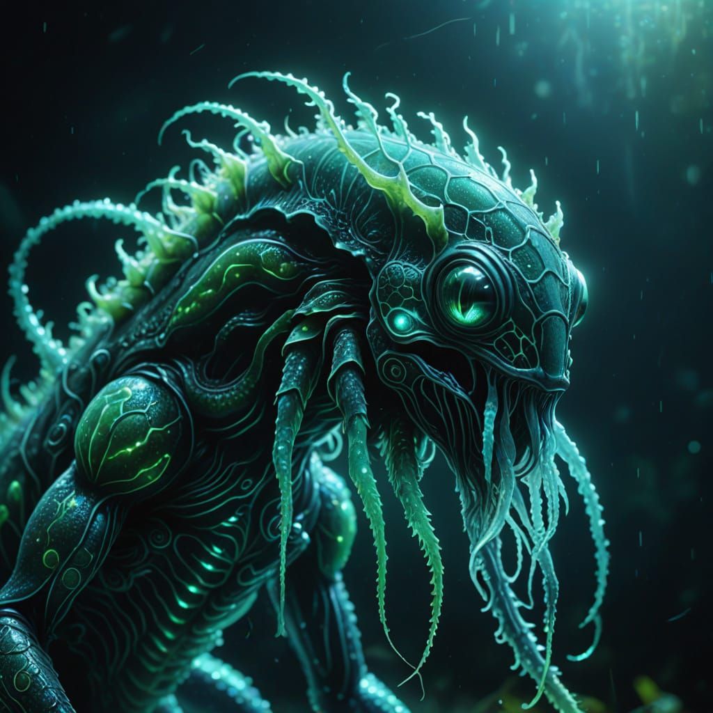 Bioluminescent Creature with Glowing Tendrils in Film Still