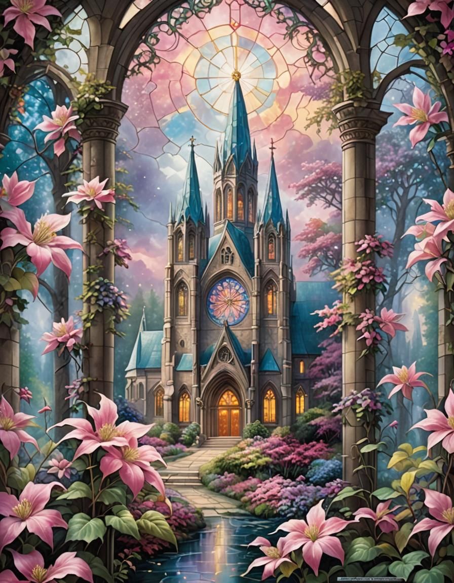 Stained Glass Cathedral with Pink Clematis Flower