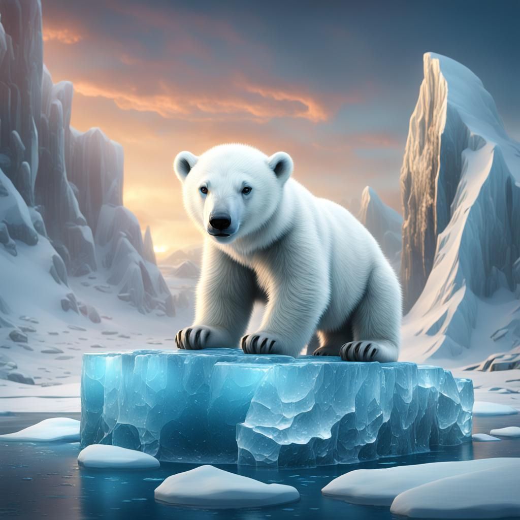 Polar Bear Cub on Ice, Detailed Matte Painting