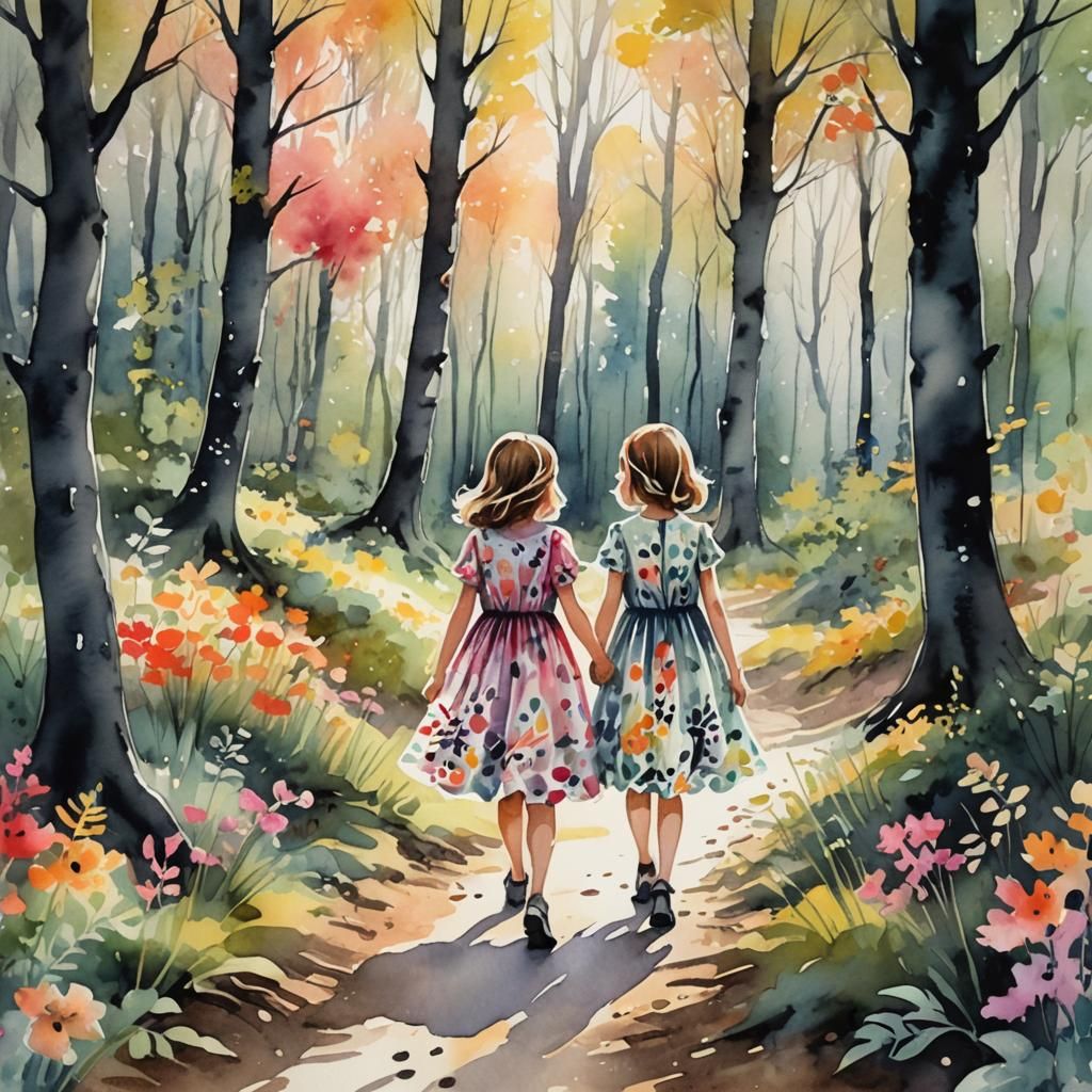 Enchanting Watercolor: Girls in a Black and White Forest