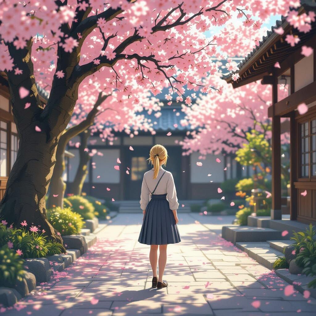 Tranquil Japanese Courtyard with Cherry Blossoms