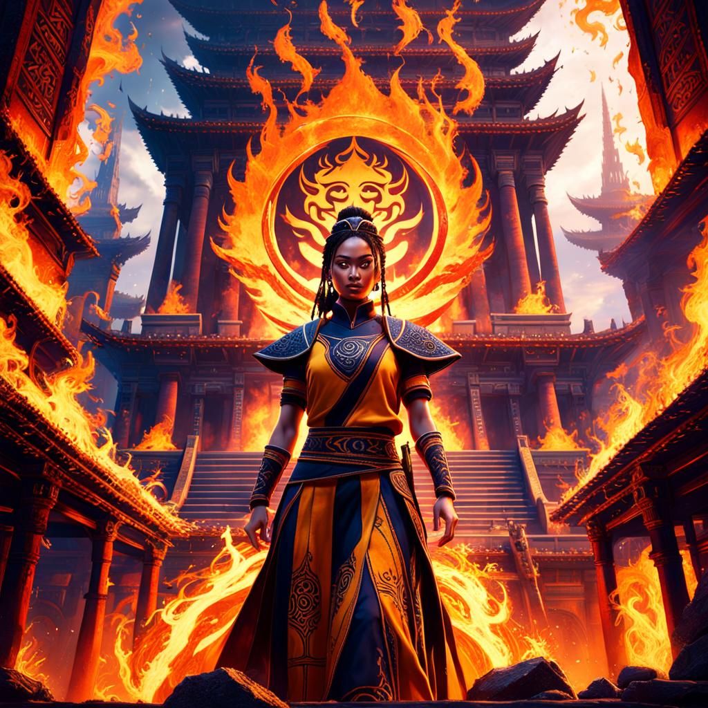 Female Firebender in Ancient Temple, Fantasy Art