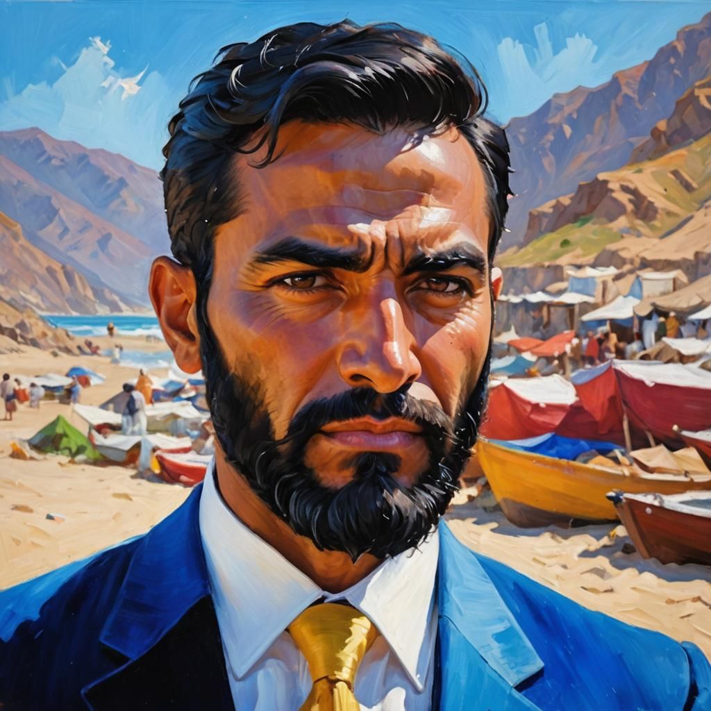 Arab Man in Blue Velvet Suit, Expressionist Oil Painting