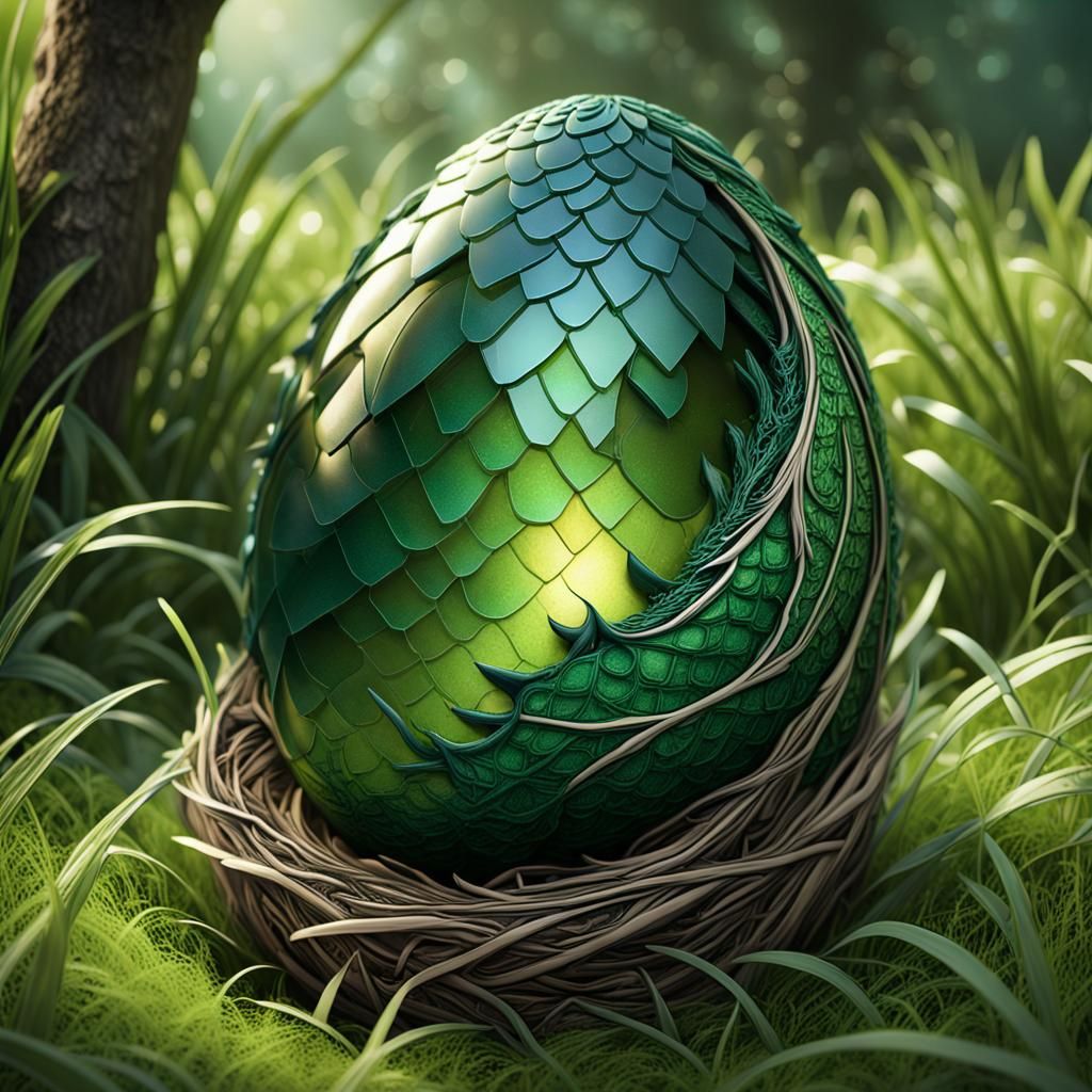 Shimmering Green Dragon Egg in Lush Grass