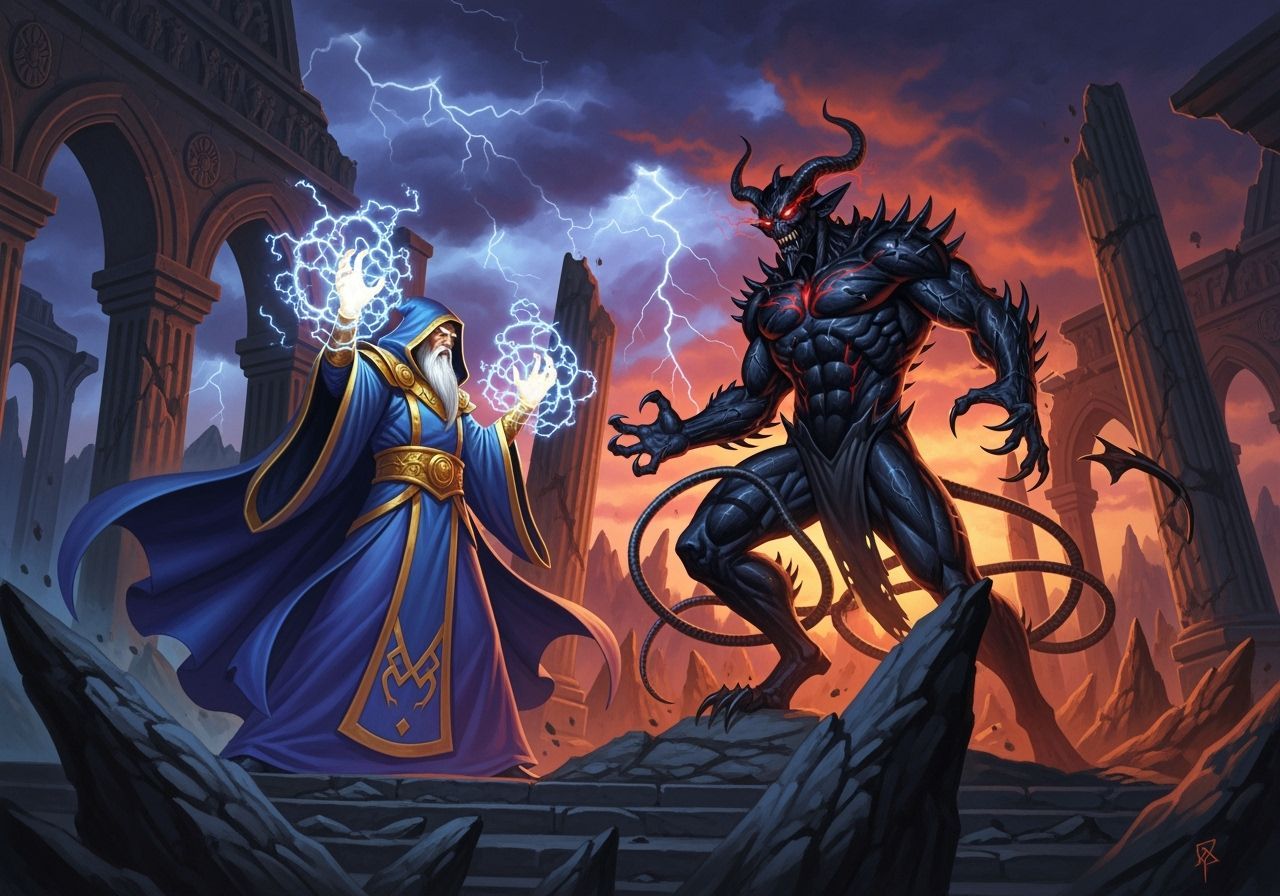 Wizard Battles Demon in Gothic Temple Comic Art