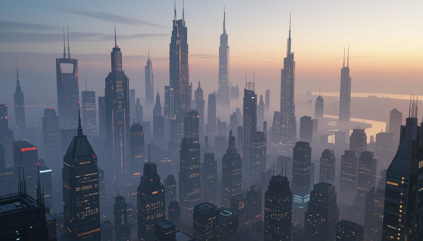 Dusk Over a Smog-Shrouded Futuristic Megacity