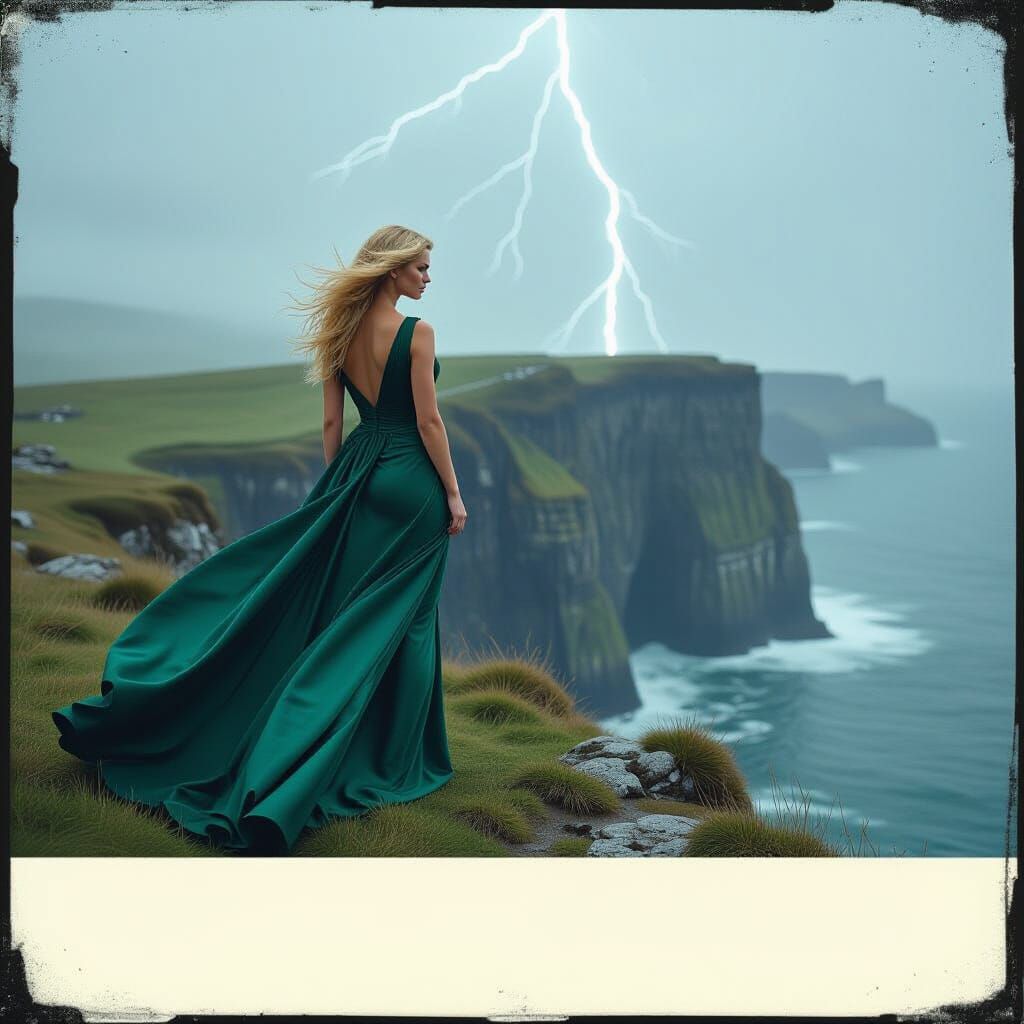 Woman in Emerald Gown During Storm, Cinematic Lighting