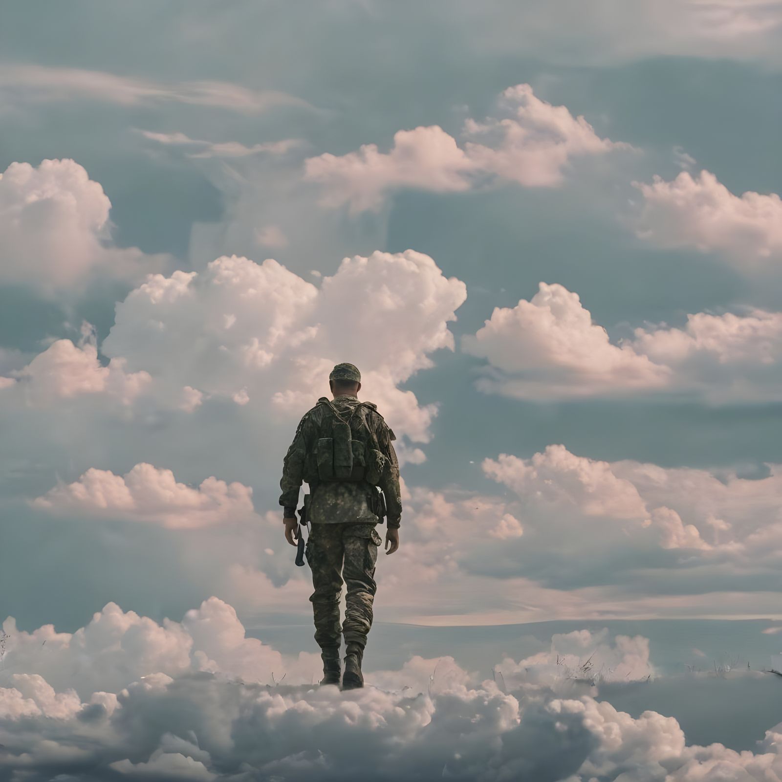 Ukrainian Soldier Walking on Clouds: Cinematic Still