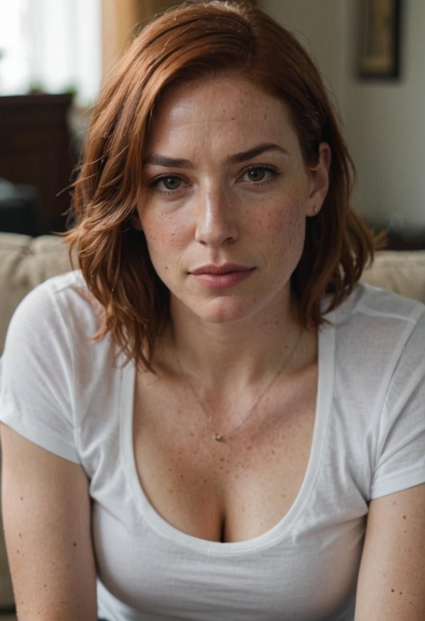Auburn-Haired Woman with Wet Hair on Couch