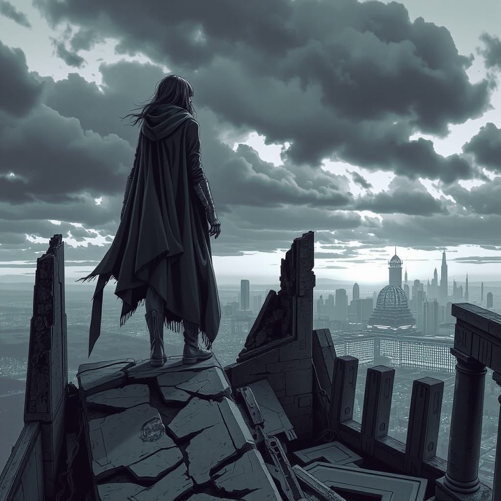 Cybernetic Woman in Desolate Cityscape, Gritty Comic Art