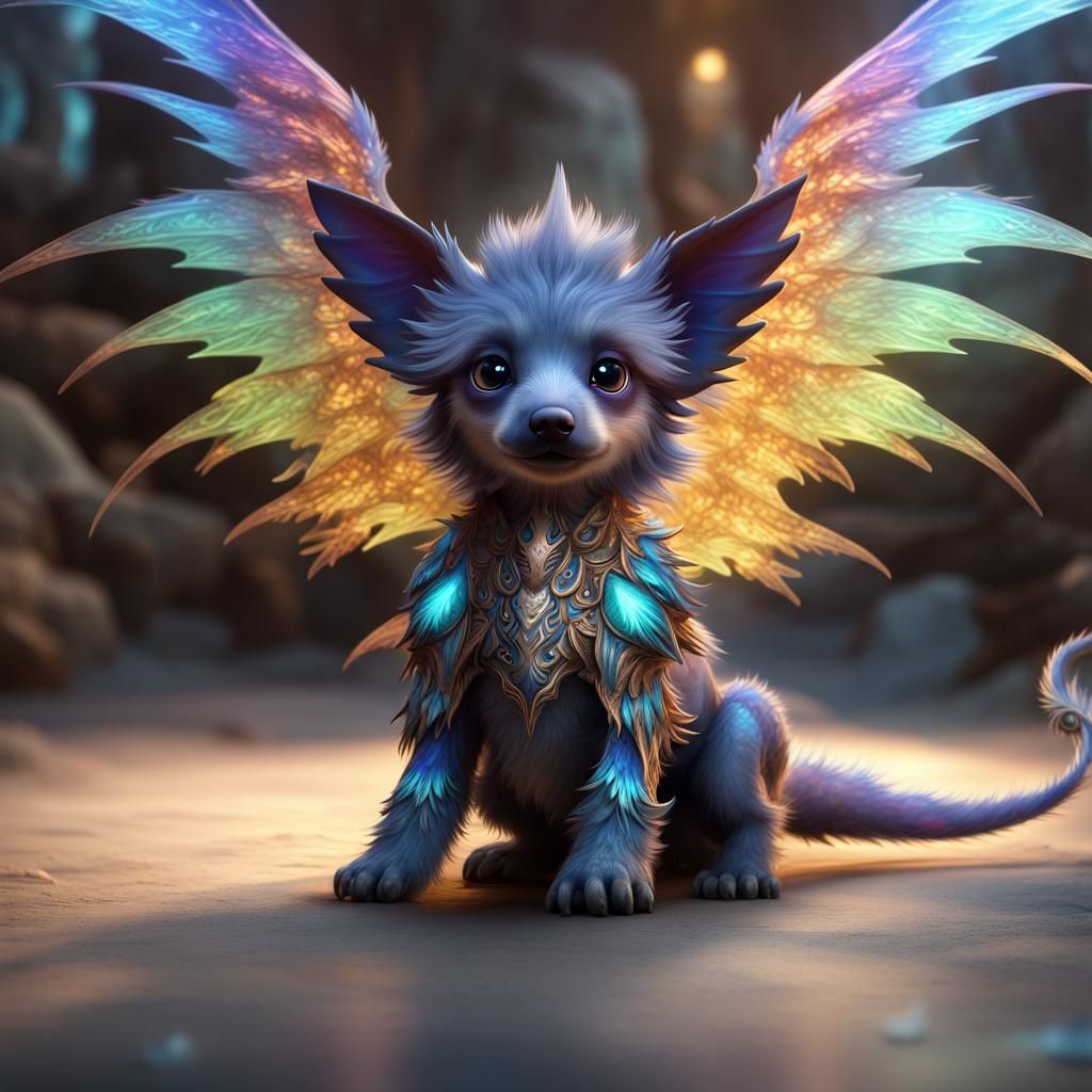 Winged Puppy Dragon with Fractal Fur in Fantasy Art