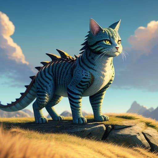 Dragon Cat on Cliff Overlooking Landscape in Anime Style