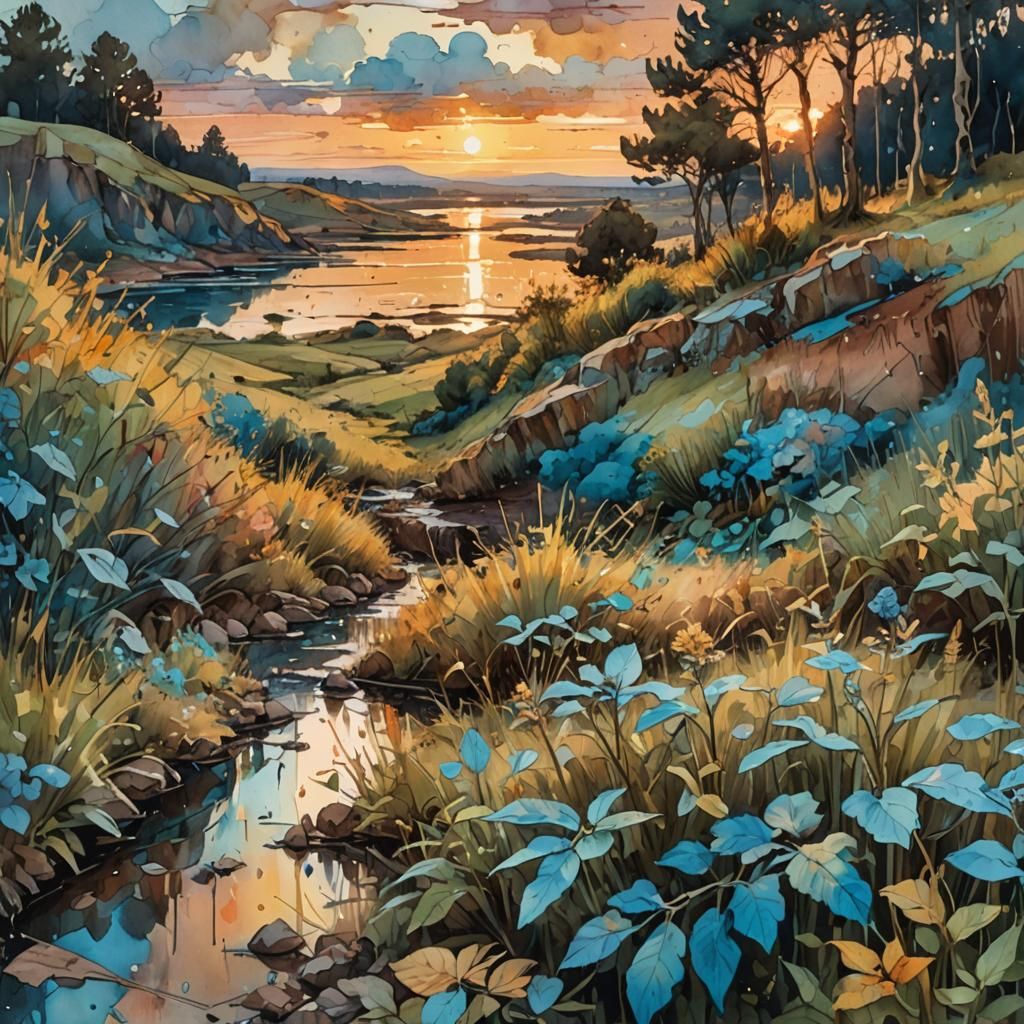 Impressionistic Sunset: Digital Watercolor Summerscape