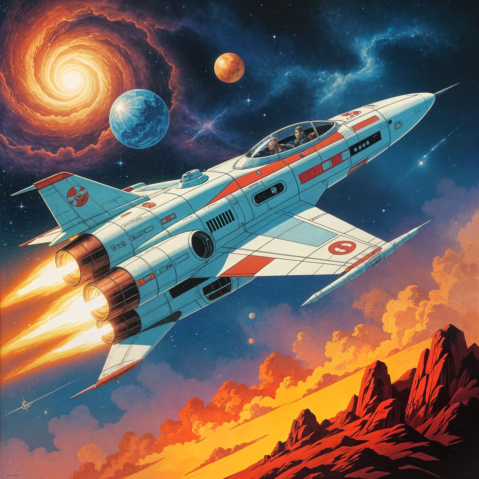 Retrofuturistic Spaceship Soaring Through Cosmic Nebula