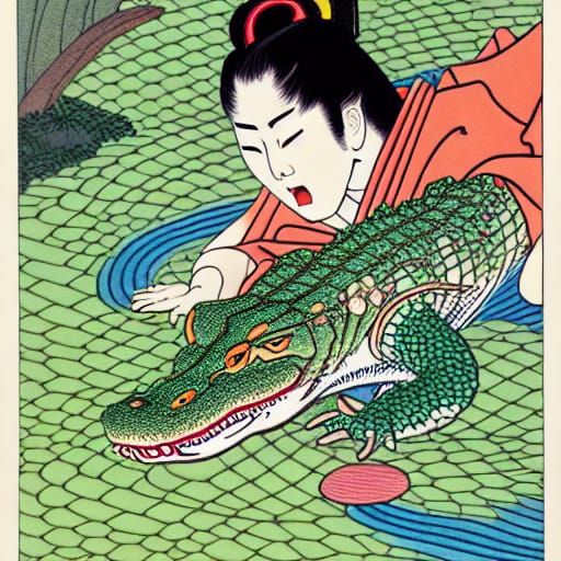 Goddess Embraces Alligator in Japanese Garden