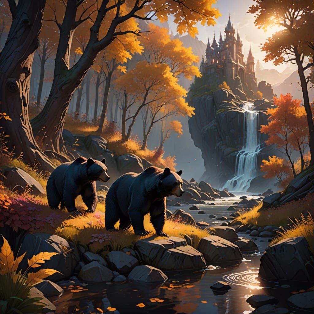 Fantasy Black Bears Fishing in Autumnal Wonderland