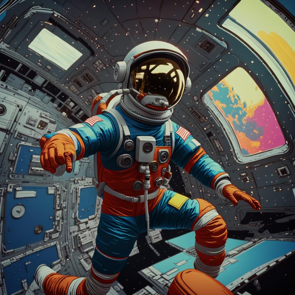 Cartoon Astronaut Floating in Space in Pop Art Style