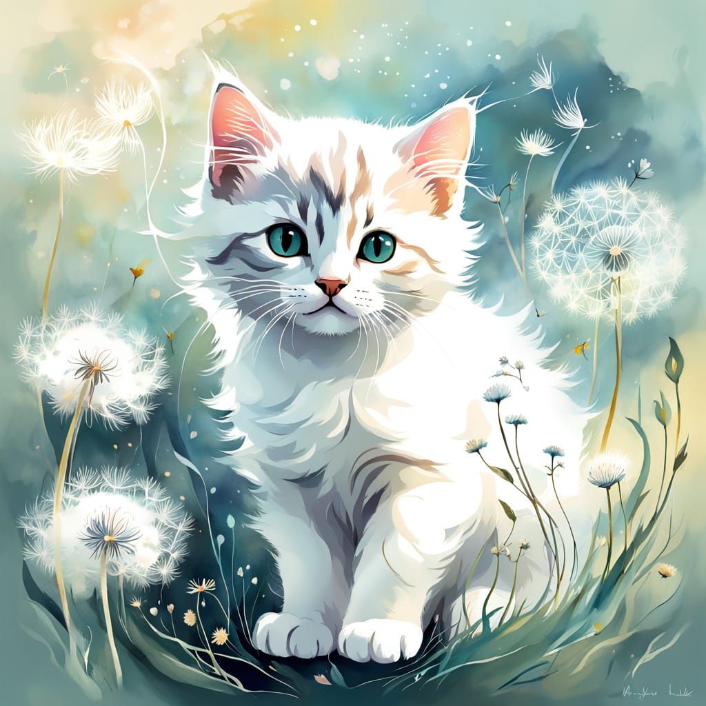 Dreamlike Kitten with Dandelion Digital Painting