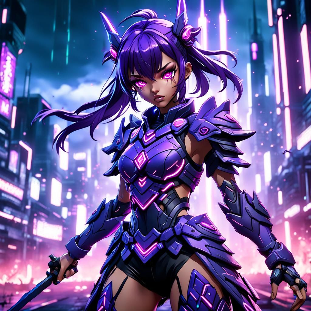 Neon Warrior Girl in Dark Purple Anime Style