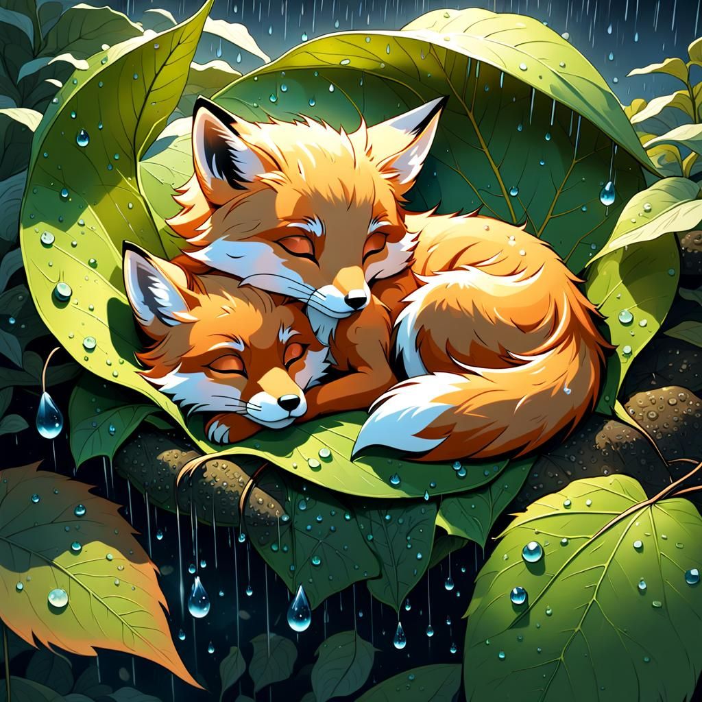 Fox Sleeping in Leaf with Rain, Digital Illustration