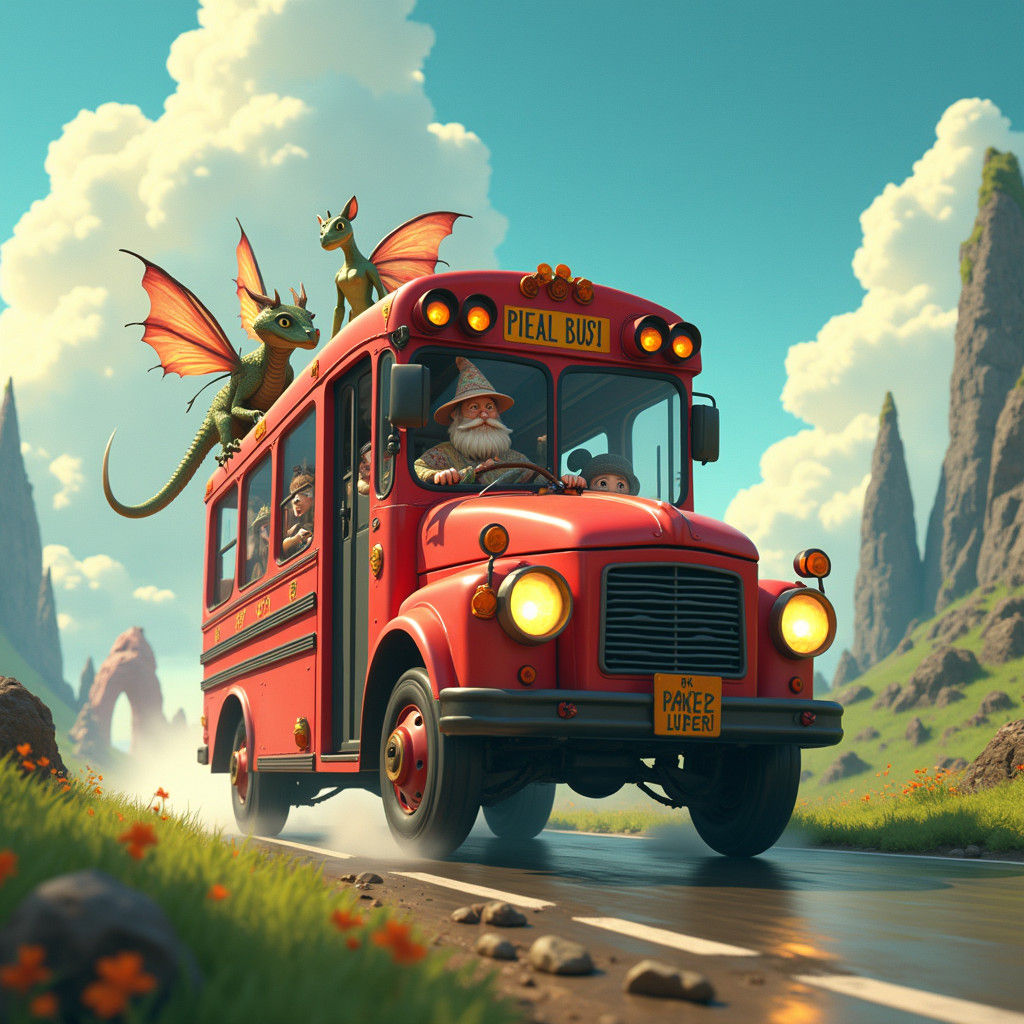 Magical School Bus in Whimsical Landscape