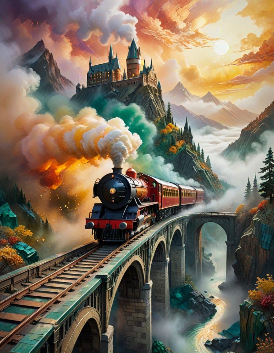 Fantasy Steam Train in Whimsical Landscape