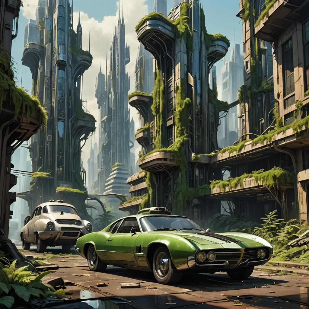 a beautiful 1950s city of the future, in the style of Klaus Burgle, fallen into ruins, post-apocalyptic, abandoned, back...