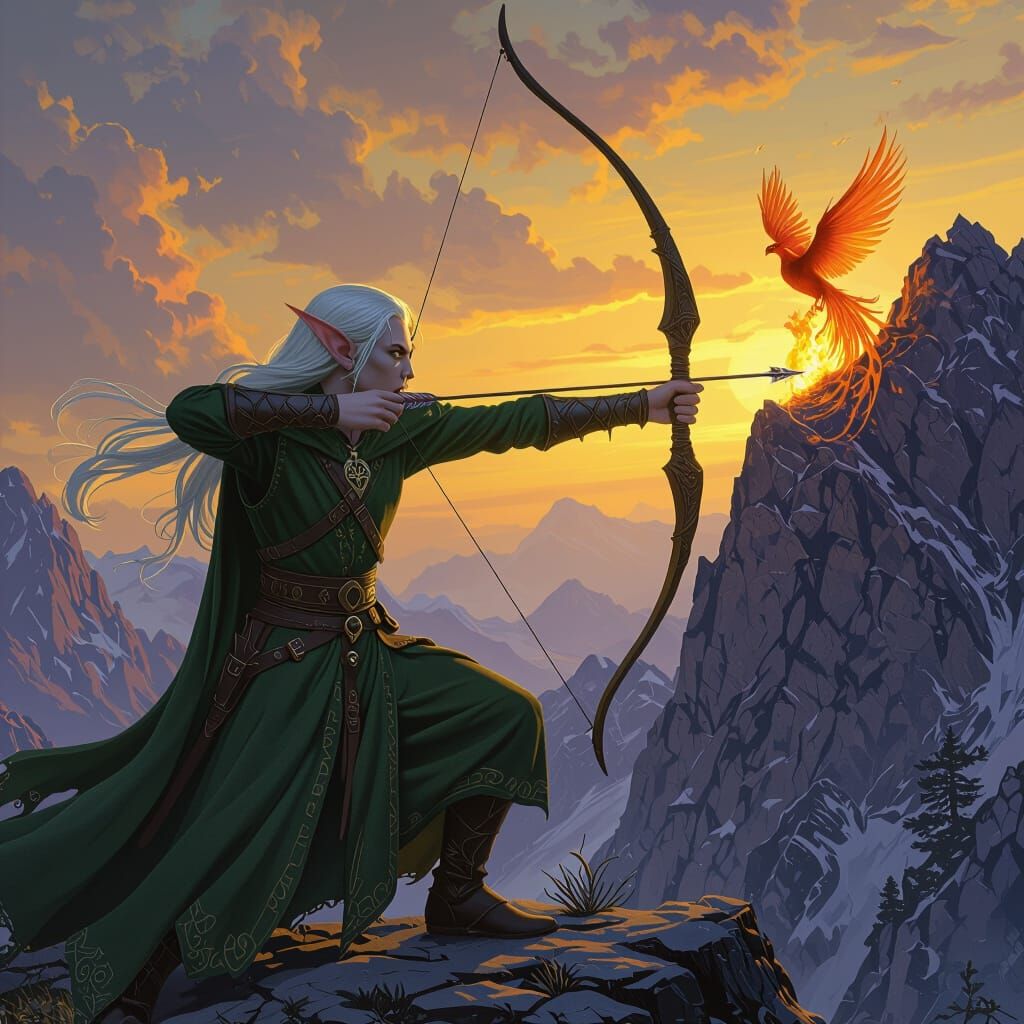 Pale Elf Archer Aims Bow at Fiery Phoenix in Dark Fantasy Ar...